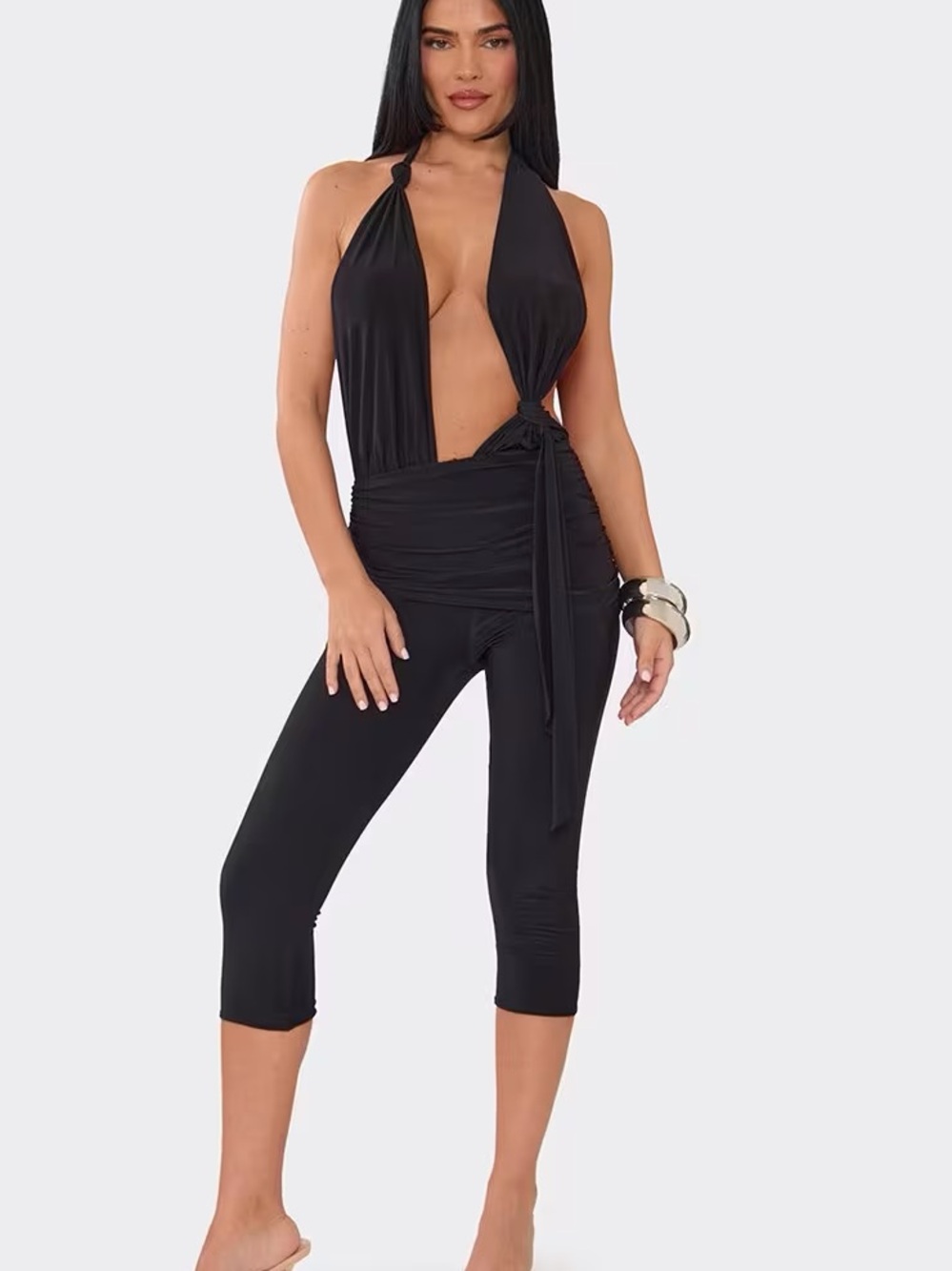 Halterneck Plunge Front Knot Detail Ruched Waist Jumpsuit In Black